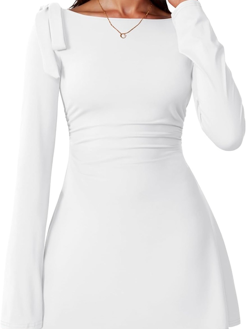 White Long-Sleeve Bow Shoulder Dress - Women